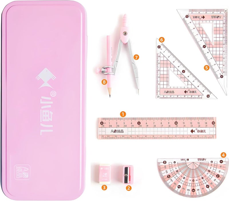 waremew 8 Pcs Compass/Math Set for Students with Shatterproof Storage Box, Geometry Set for School, Includes Ruler, Protractor, Compass, Pencil,Pencil Sharpener and Eraser,etc. Perfect Gift (Pink) - Image 1